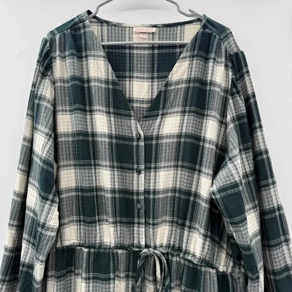 Knox Rose Green & Ivory Plaid Button-Front‎ Long Sleeve Midi Dress Sz 2X Plus - Picture 4 of 16